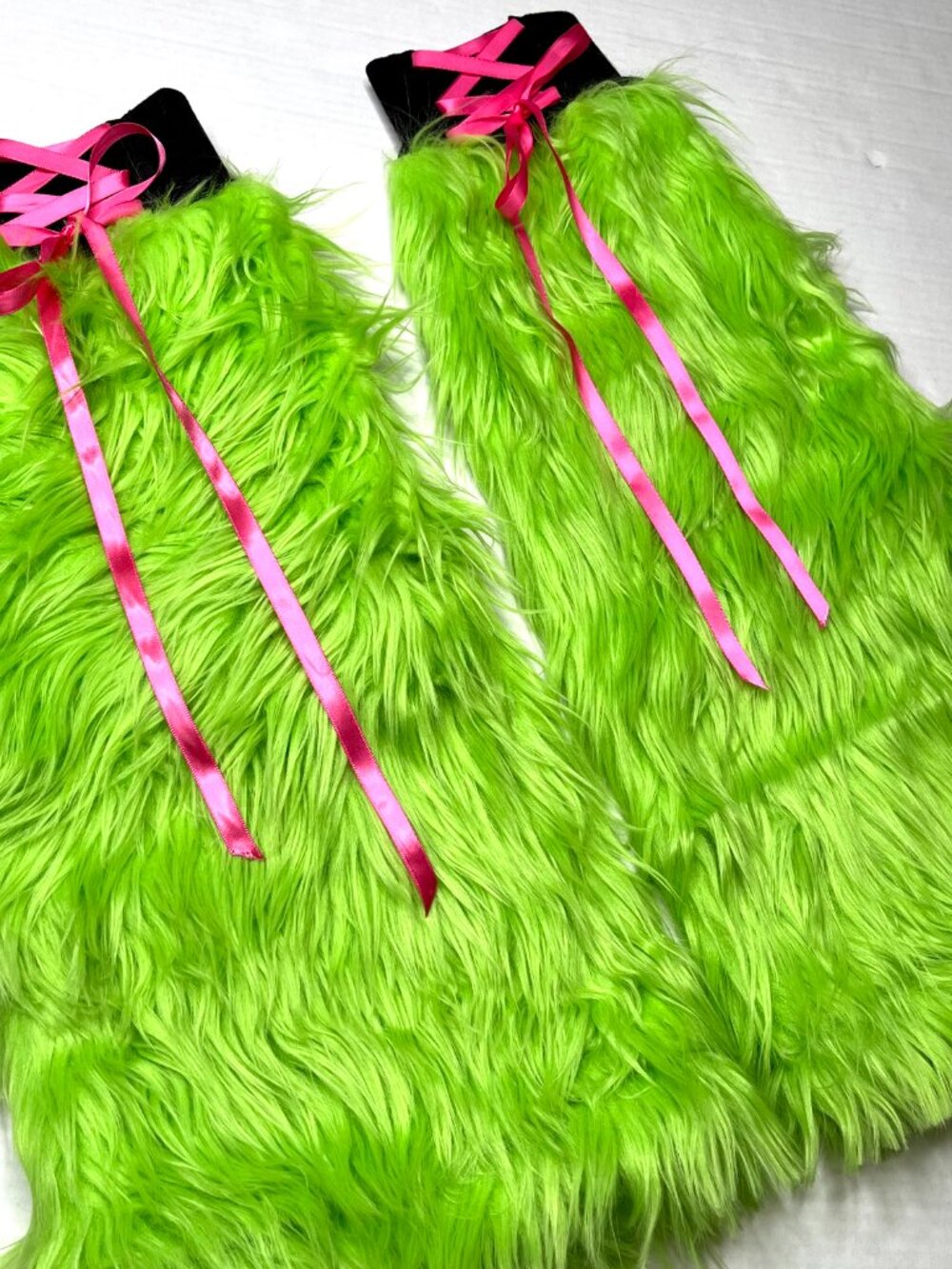 Neon Green Fur Leg Warmers Flared Boot Covers Corset Legwarmers Monster Costume - Picture 7 of 7